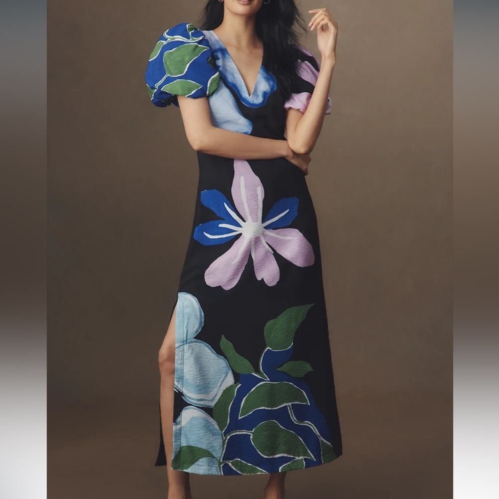 Anthropologie puff sleeve a line dress Black Dress with Blue and Purple Floral